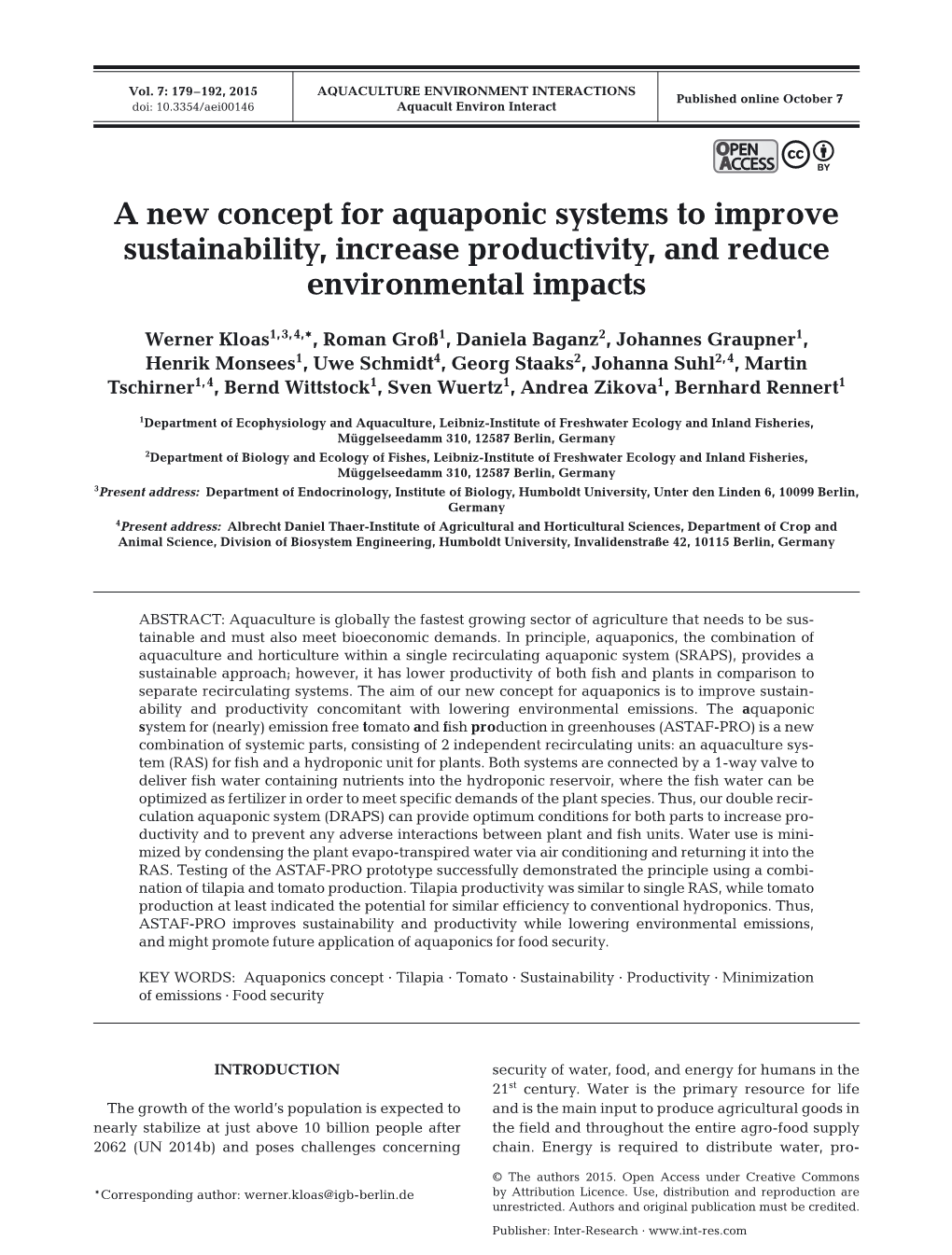 A New Concept for Aquaponic Systems to Improve Sustainability, Increase Productivity, and Reduce Environmental Impacts