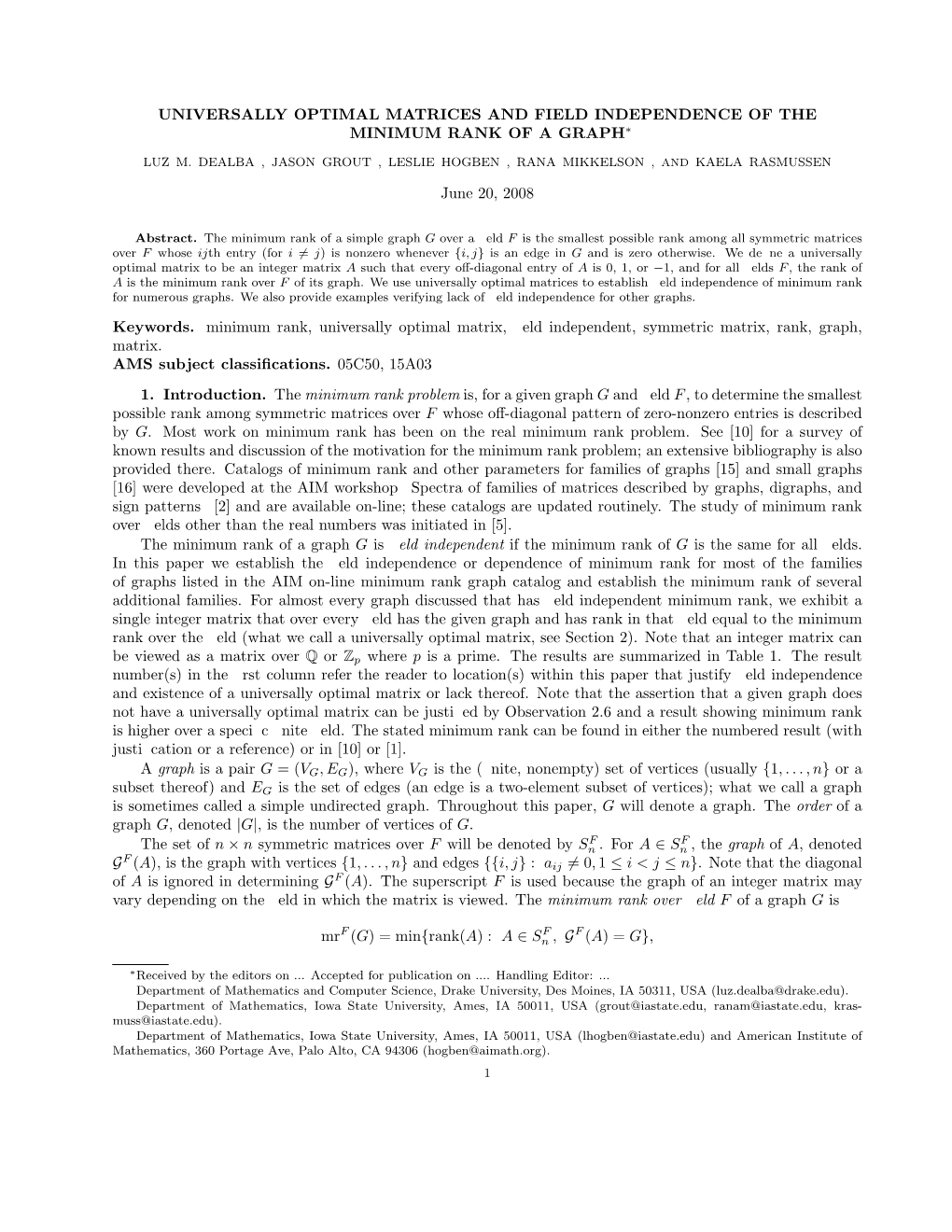 Universally Optimal Matrices and Field Independence of the Minimum Rank of a Graph∗