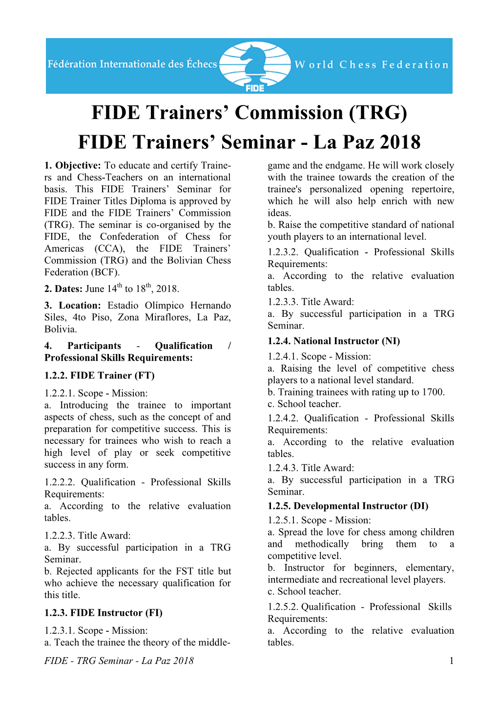 FIDE Trainers' Commission (TRG) FIDE Trainers' Seminar