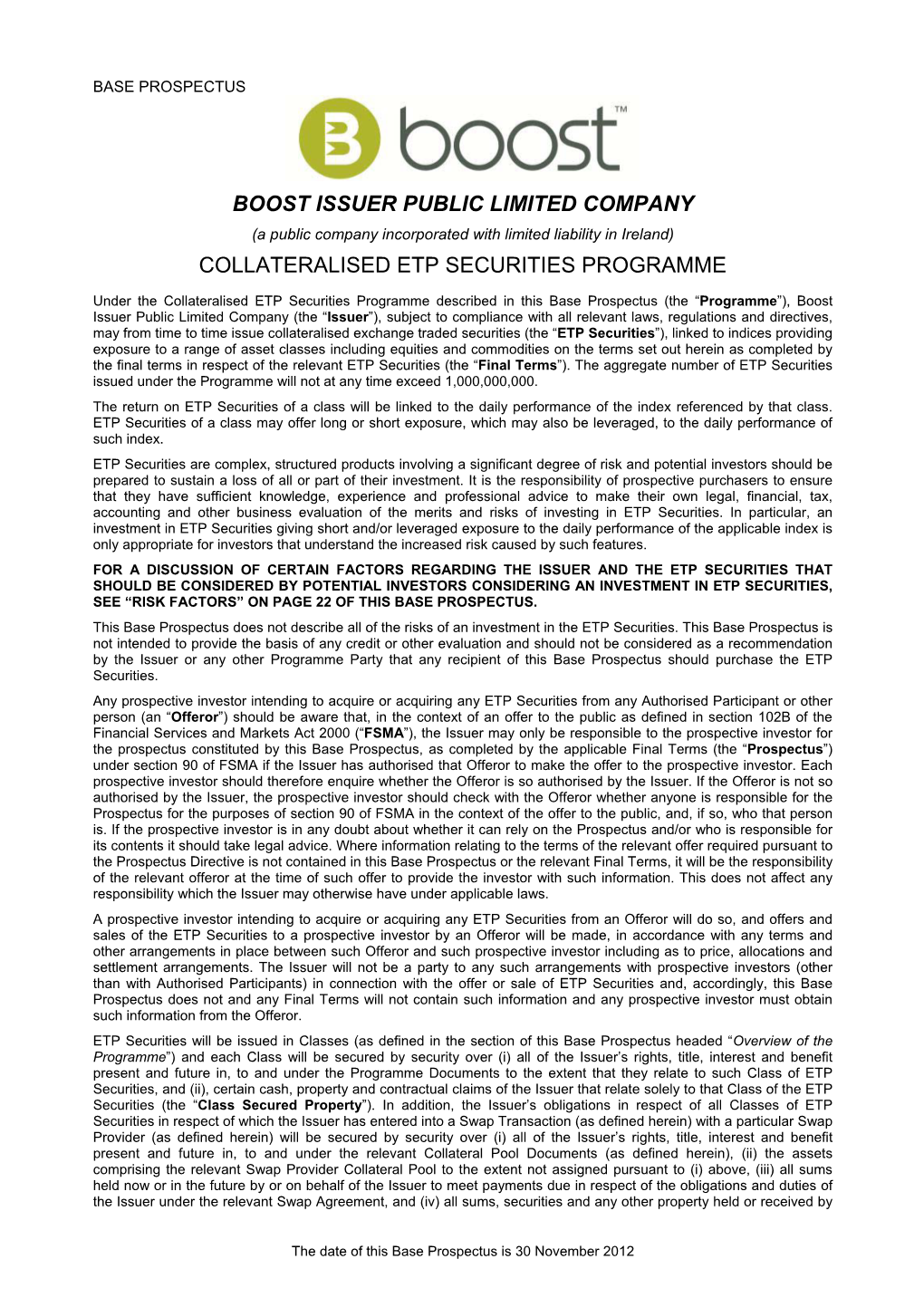 Boost Issuer Public Limited Company Collateralised