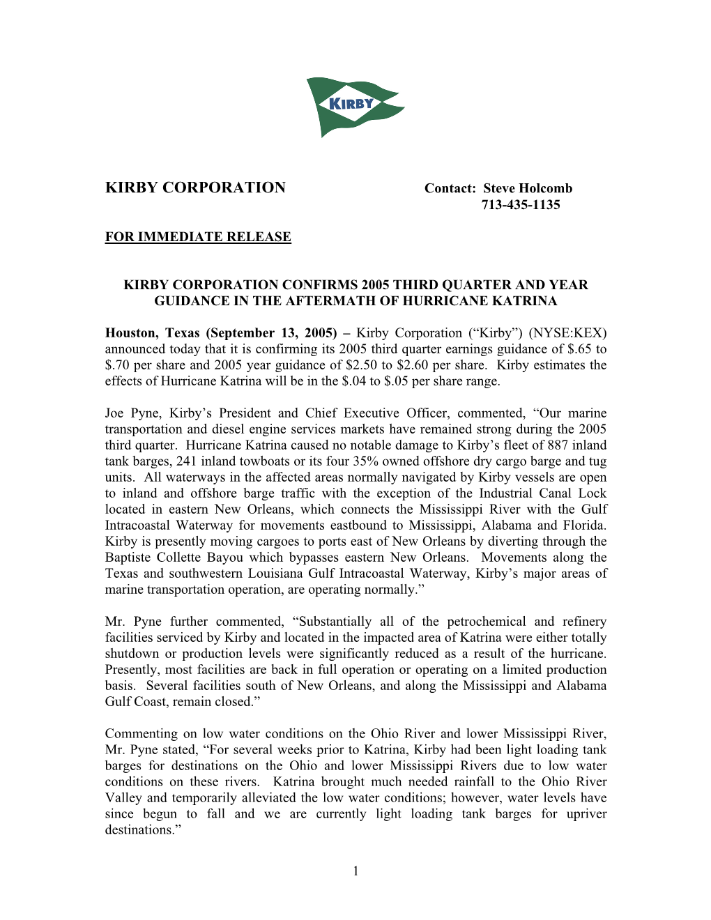 Kirby Corporation Confirms 2005 Third Quarter and Year Guidance in the Aftermath of Hurricane Katrina