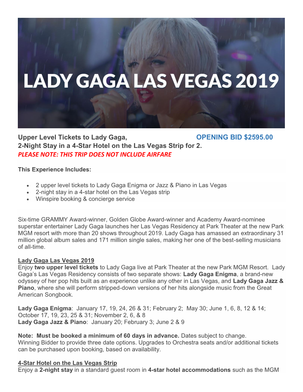 Lady Gaga Las Vegas 2019 Enjoy Two Upper Level Tickets to Lady Gaga Live at Park Theater at the New Park MGM Resort
