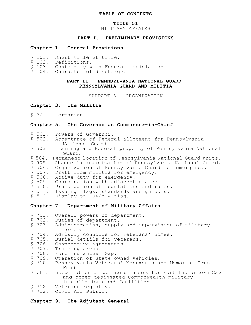 Table of Contents Title 51 Military Affairs Part I