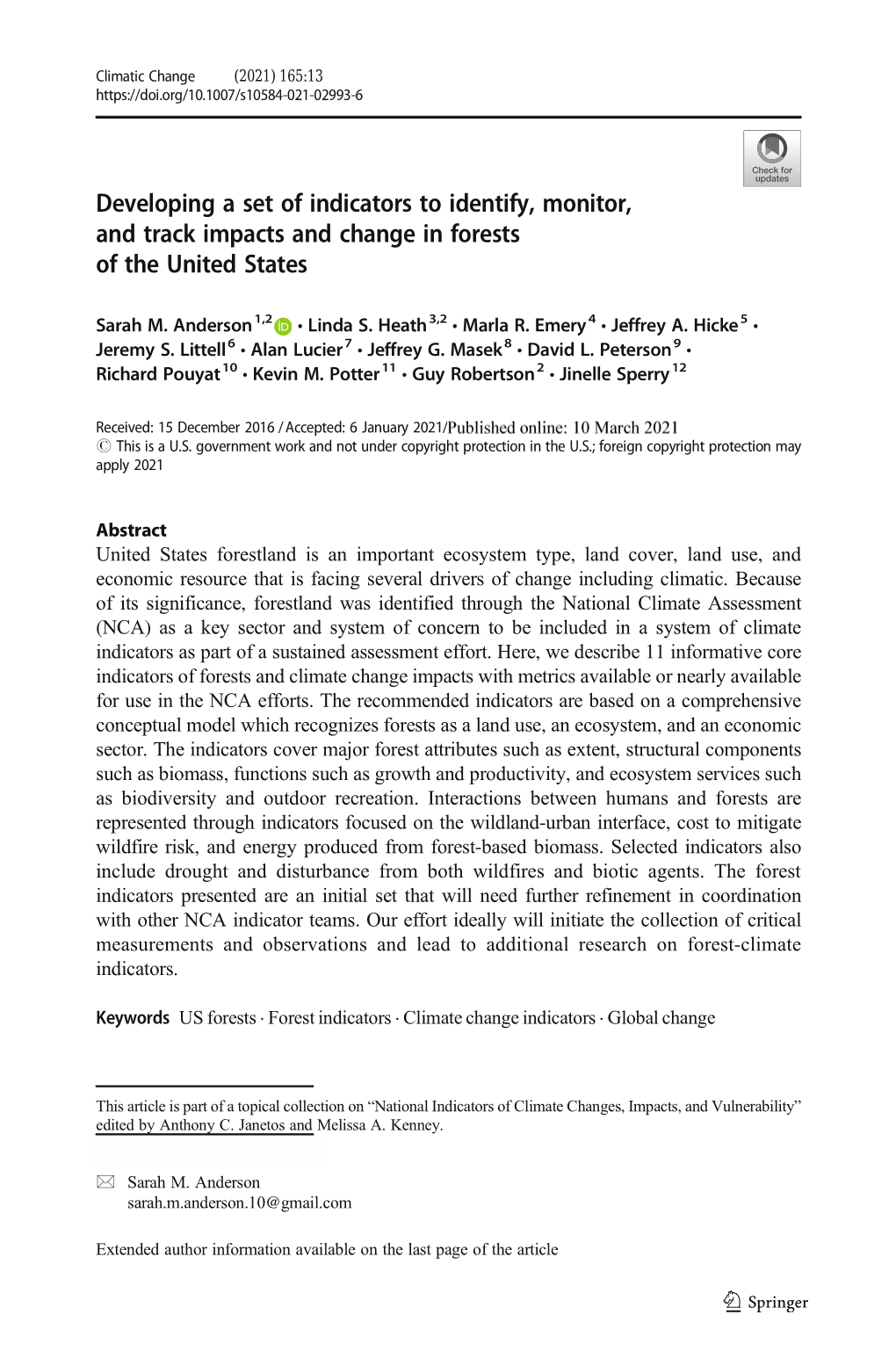 Developing a Set of Indicators to Identify, Monitor, and Track Impacts and Change in Forests of the United States