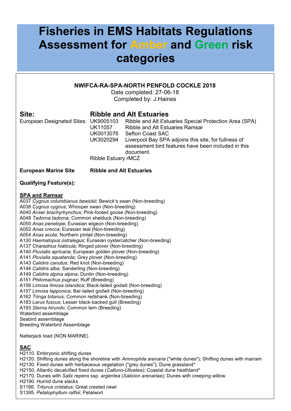 Fisheries in EMS Habitats Regulations Assessment for Amber and Green Risk Categories