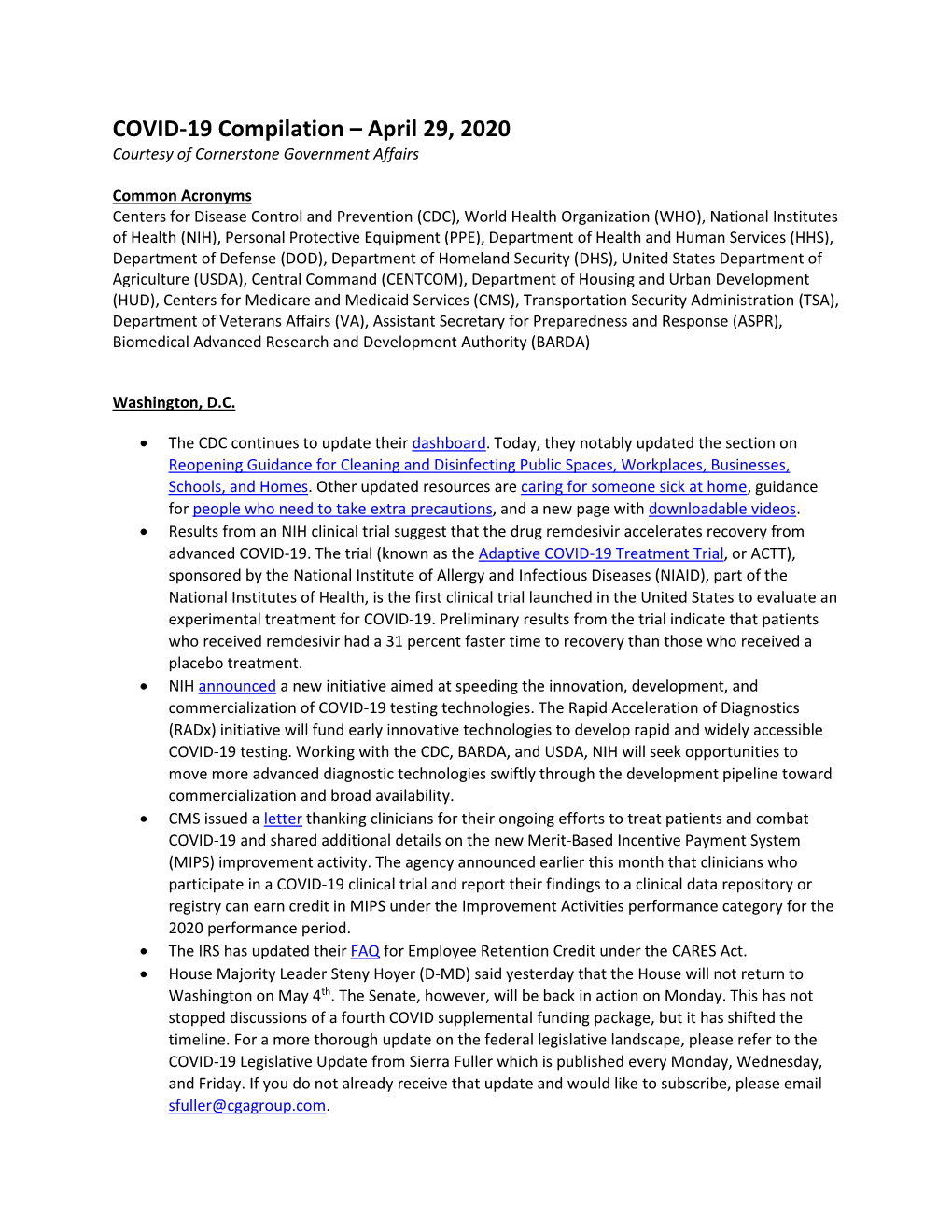 COVID-19 Compilation – April 29, 2020 Courtesy of Cornerstone Government Affairs