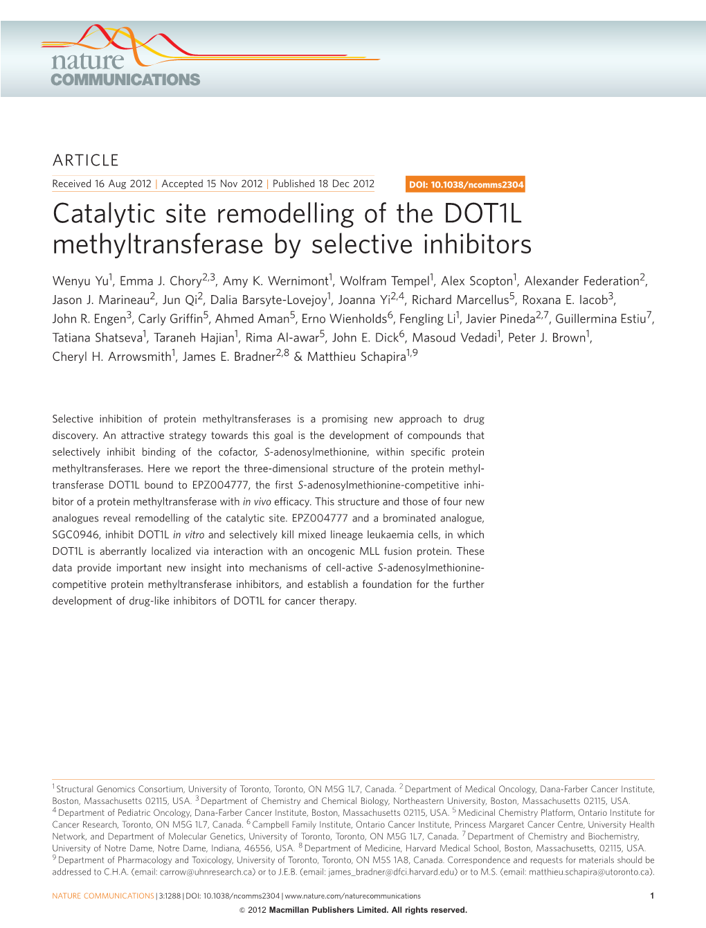 Catalytic Site Remodelling of the DOT1L Methyltransferase by Selective Inhibitors