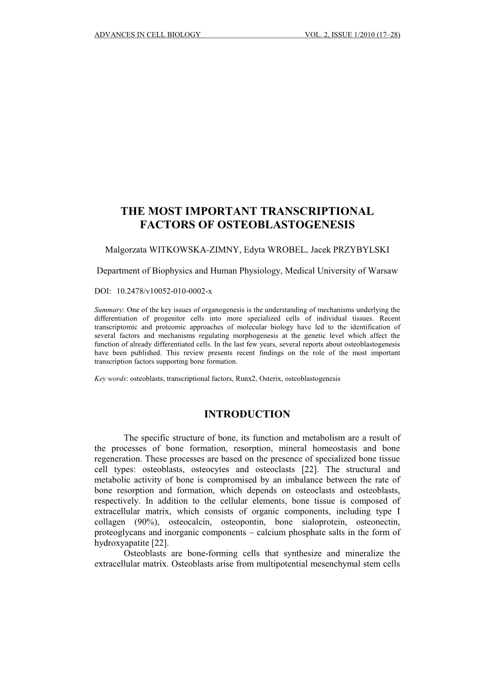 The Most Important Transcriptional Factors of Osteoblastogenesis