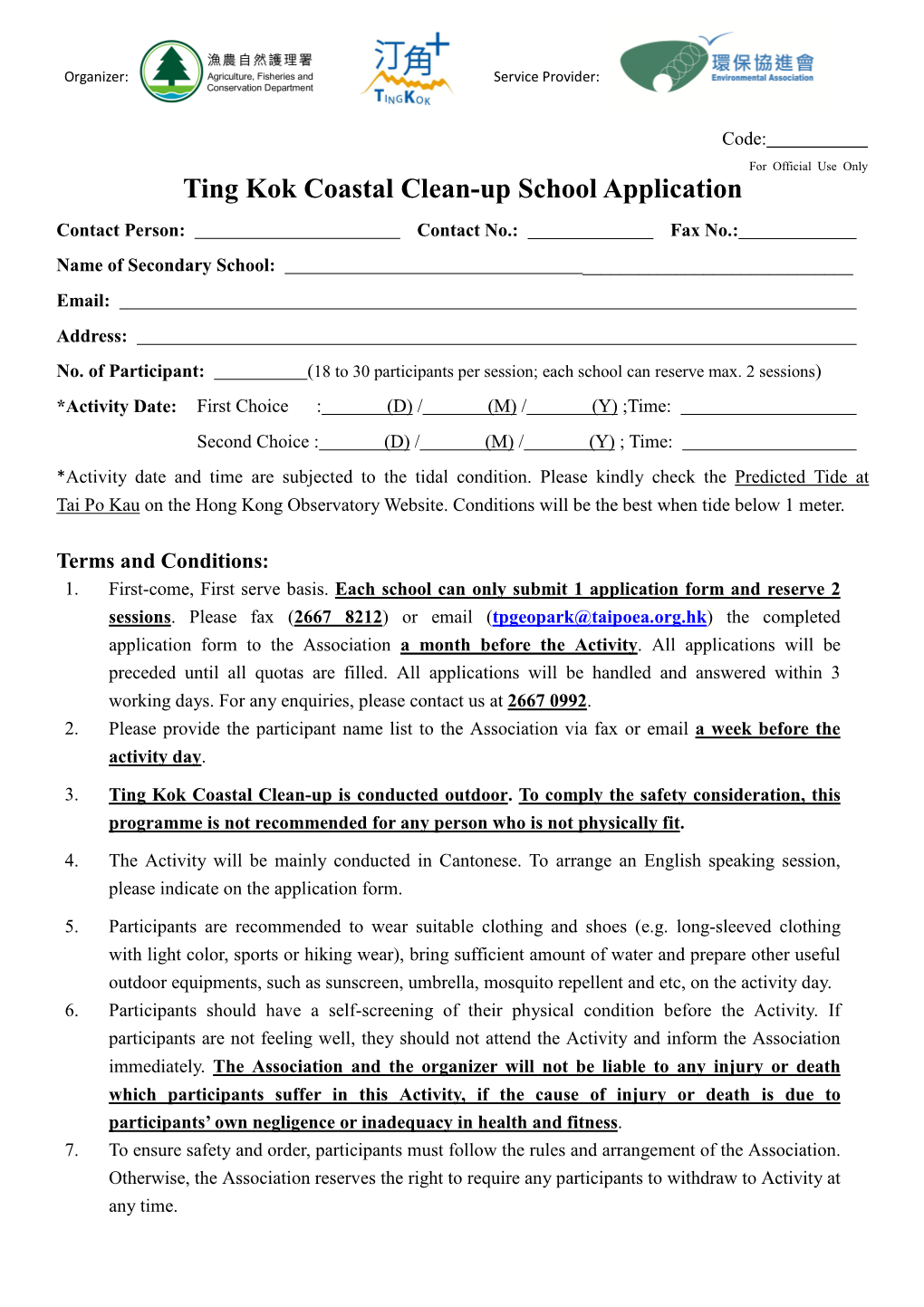 Ting Kok Coastal Clean-Up Application Form