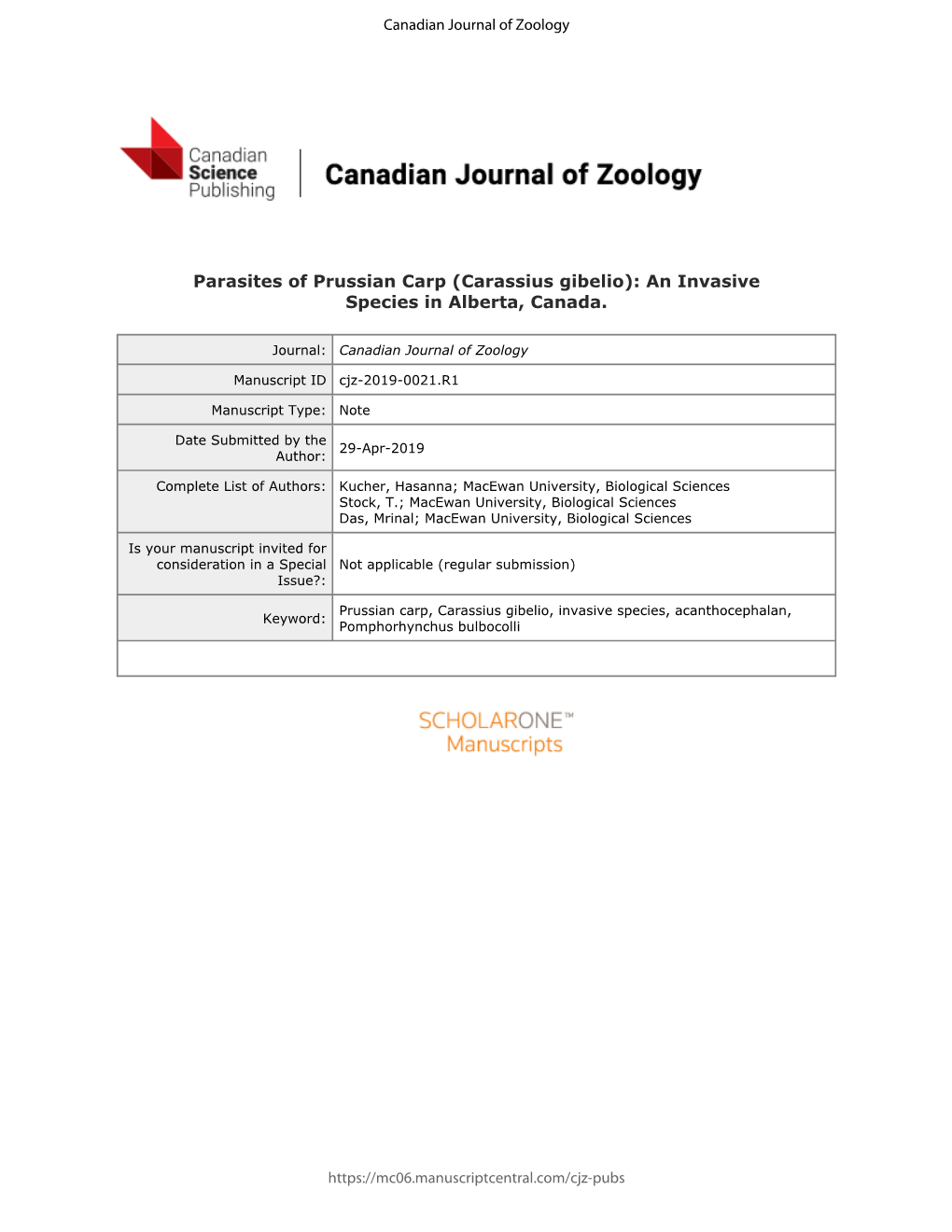 Parasites of Prussian Carp (Carassius Gibelio): an Invasive Species in Alberta, Canada