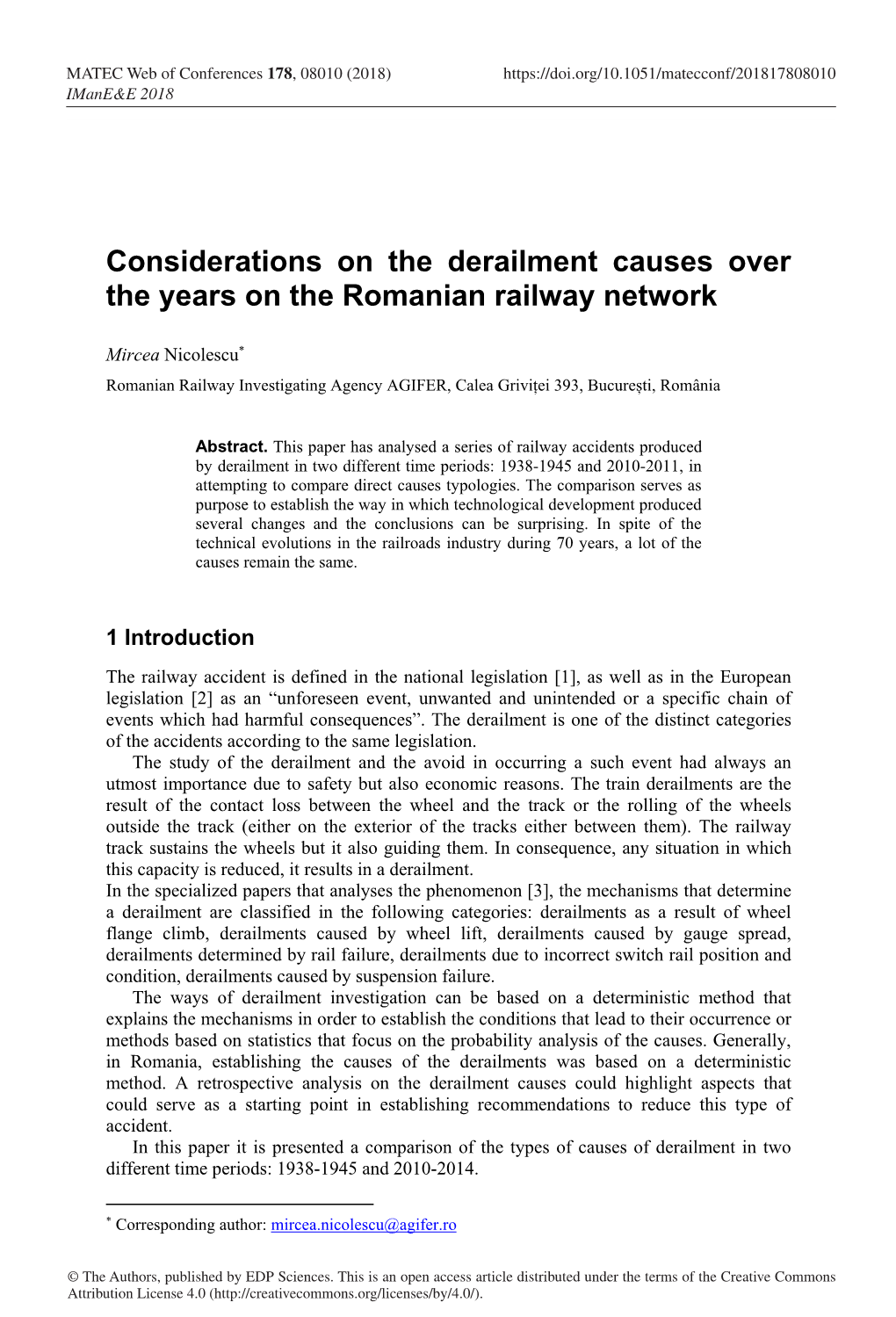 Considerations on the Derailment Causes Over the Years on the Romanian Railway Network