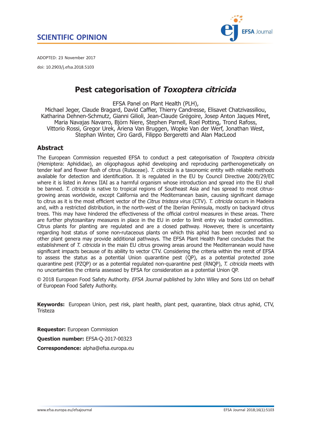 Pest Categorisation of Toxoptera Citricida