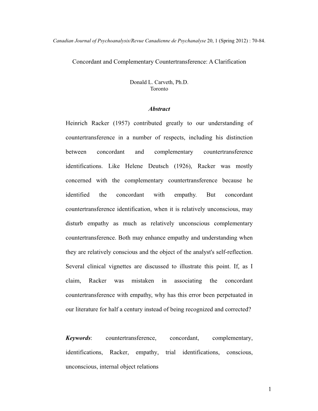 Concordant and Complementary Countertransference: a Clarification