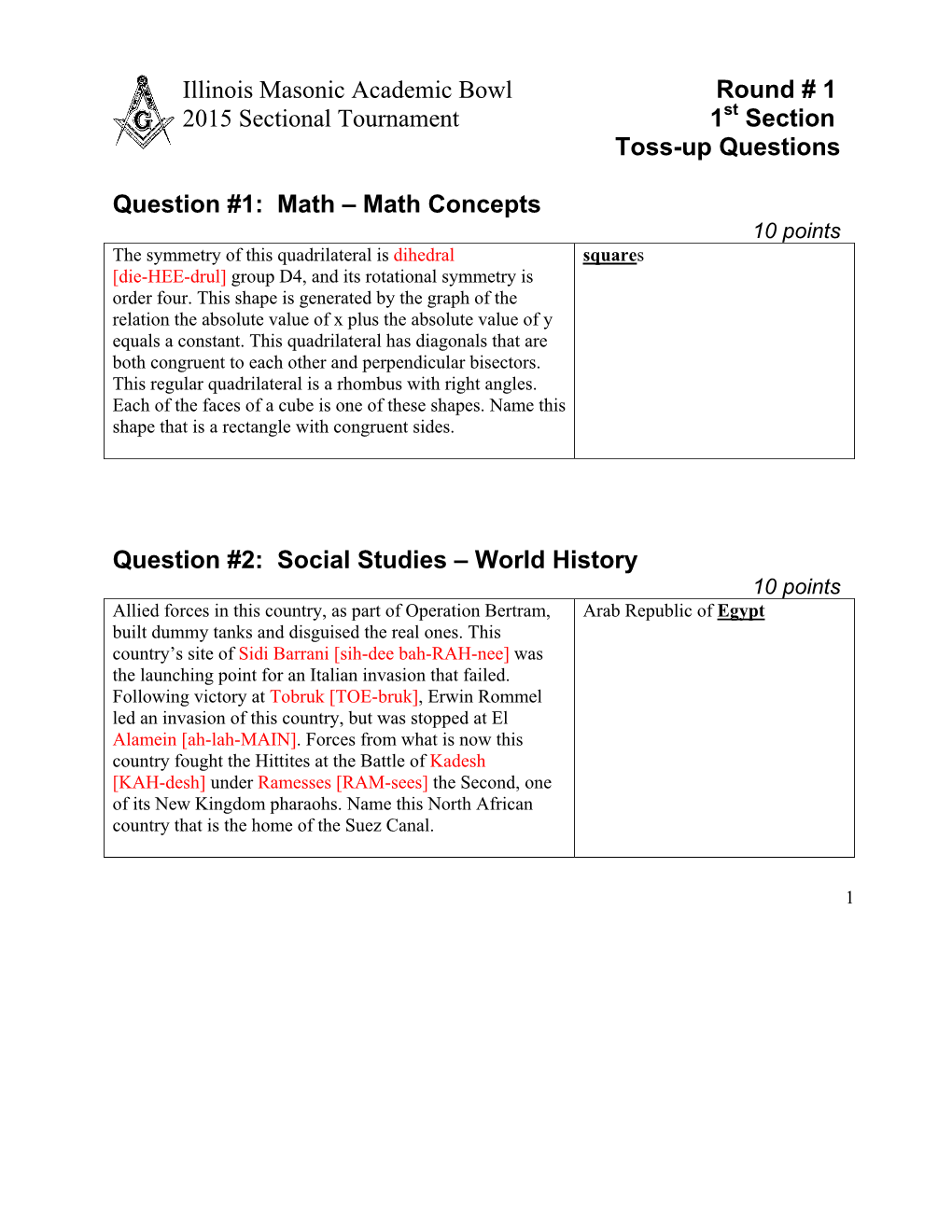 Illinois Masonic Academic Bowl Round # 1 2015 Sectional Tournament 1St Section Toss-Up Questions