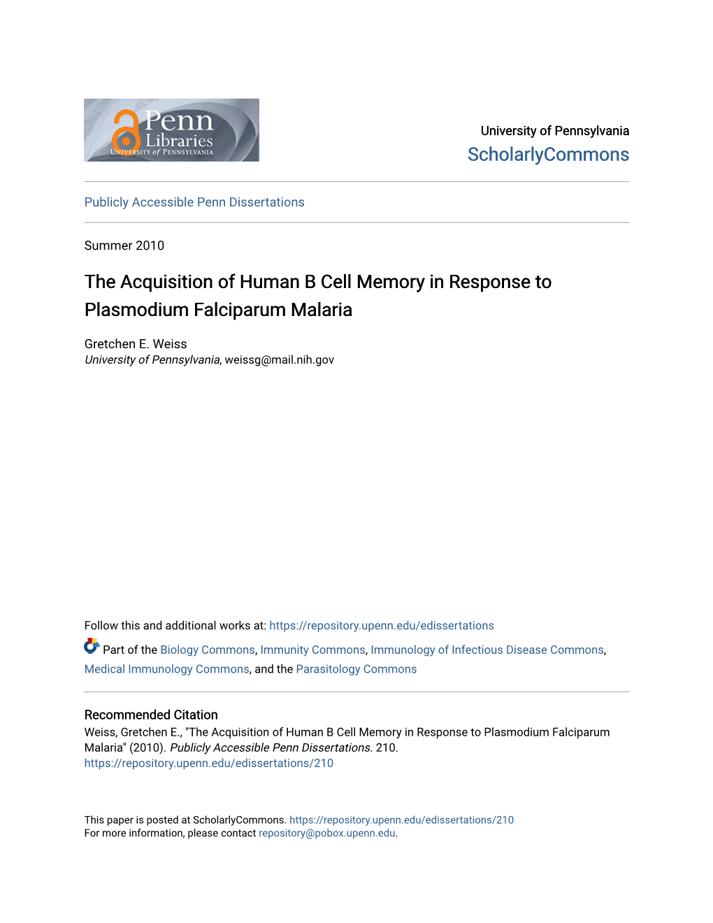 The Acquisition of Human B Cell Memory in Response to Plasmodium Falciparum Malaria