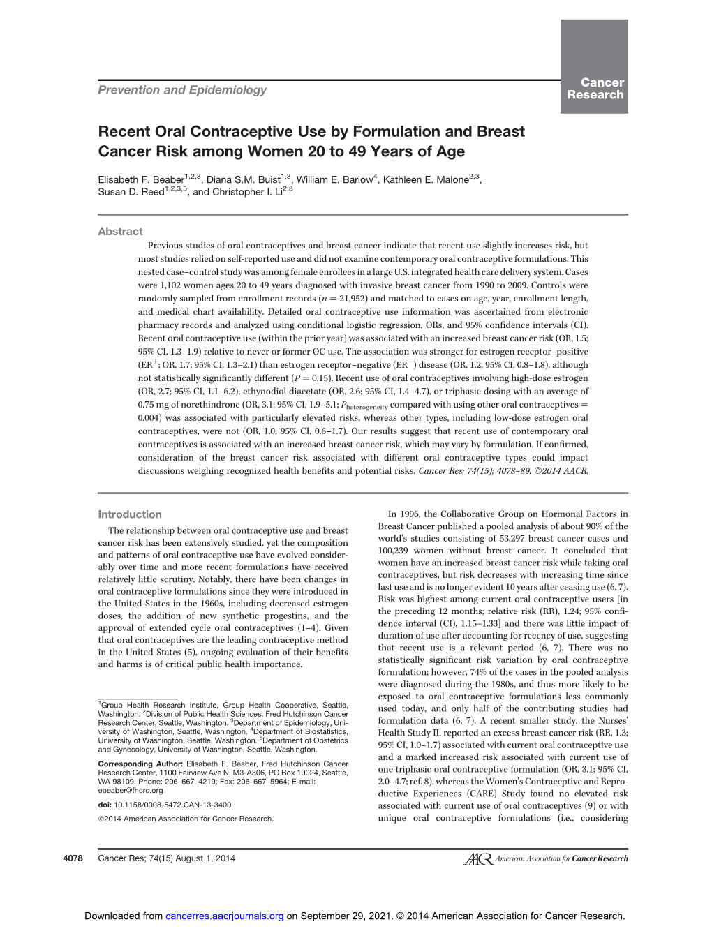 Recent Oral Contraceptive Use by Formulation and Breast Cancer Risk Among Women 20 to 49 Years of Age