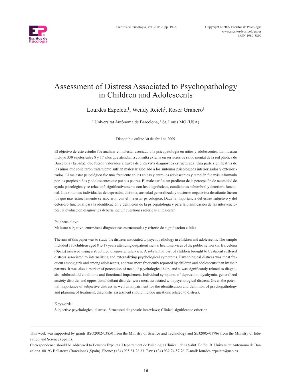 Assessment of Distress Associated to Psychopathology in Children and Adolescents