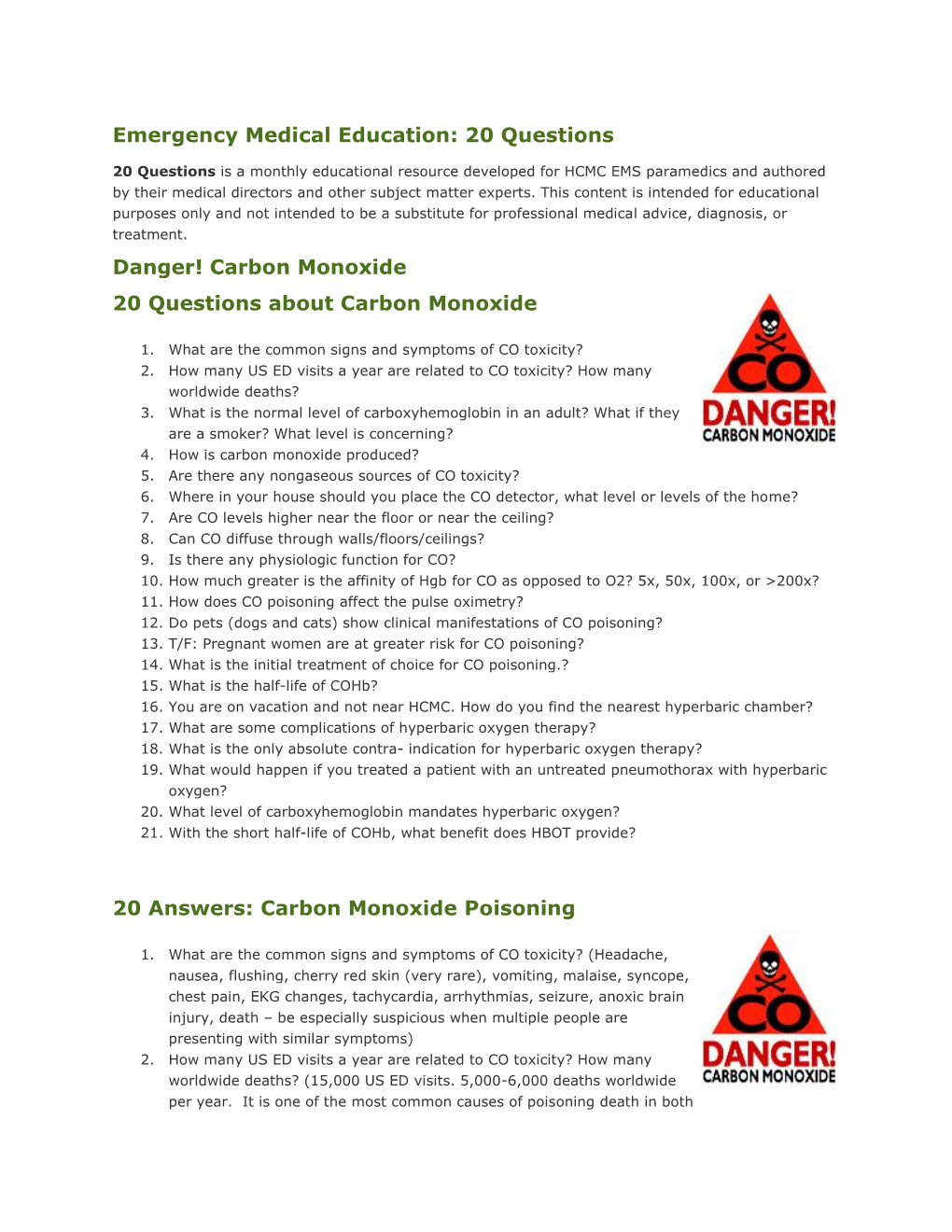 Carbon Monoxide 20 Questions About Carbon Monoxide