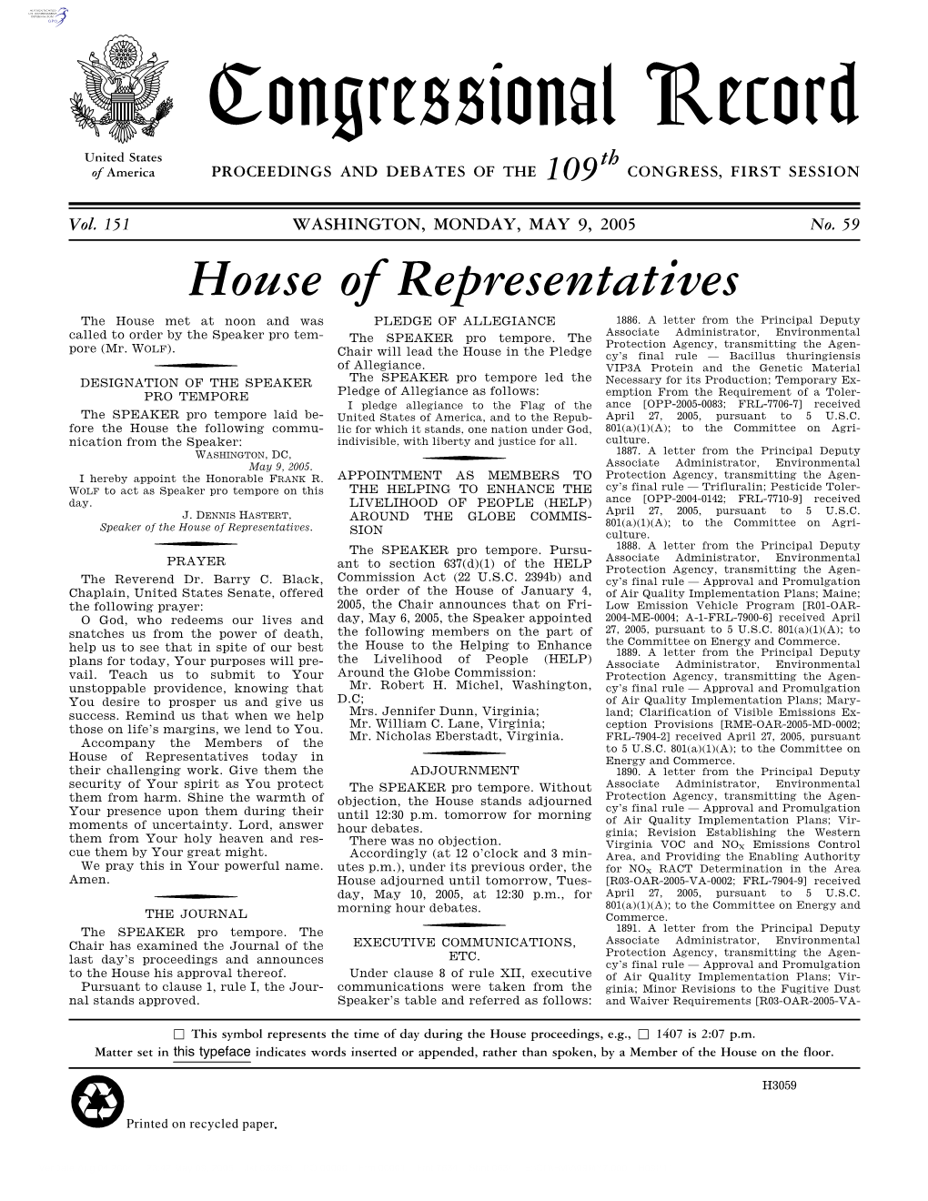 Congressional Record United States Th of America PROCEEDINGS and DEBATES of the 109 CONGRESS, FIRST SESSION