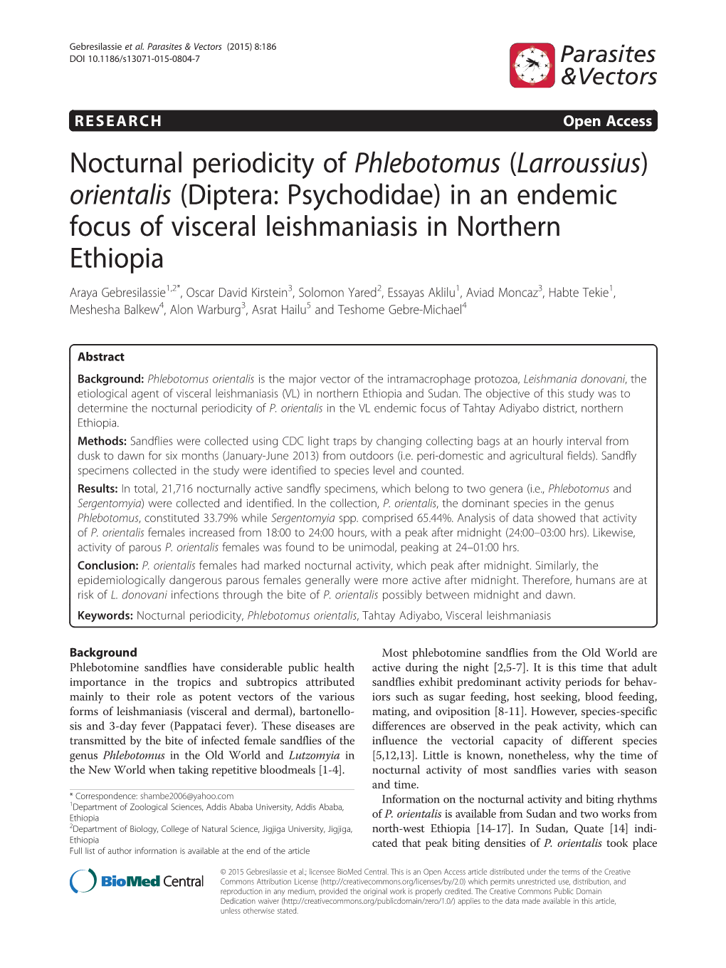 Nocturnal Periodicity of Phlebotomus (Larroussius) Orientalis (Diptera: Psychodidae) in an Endemic Focus of Visceral Leishmanias