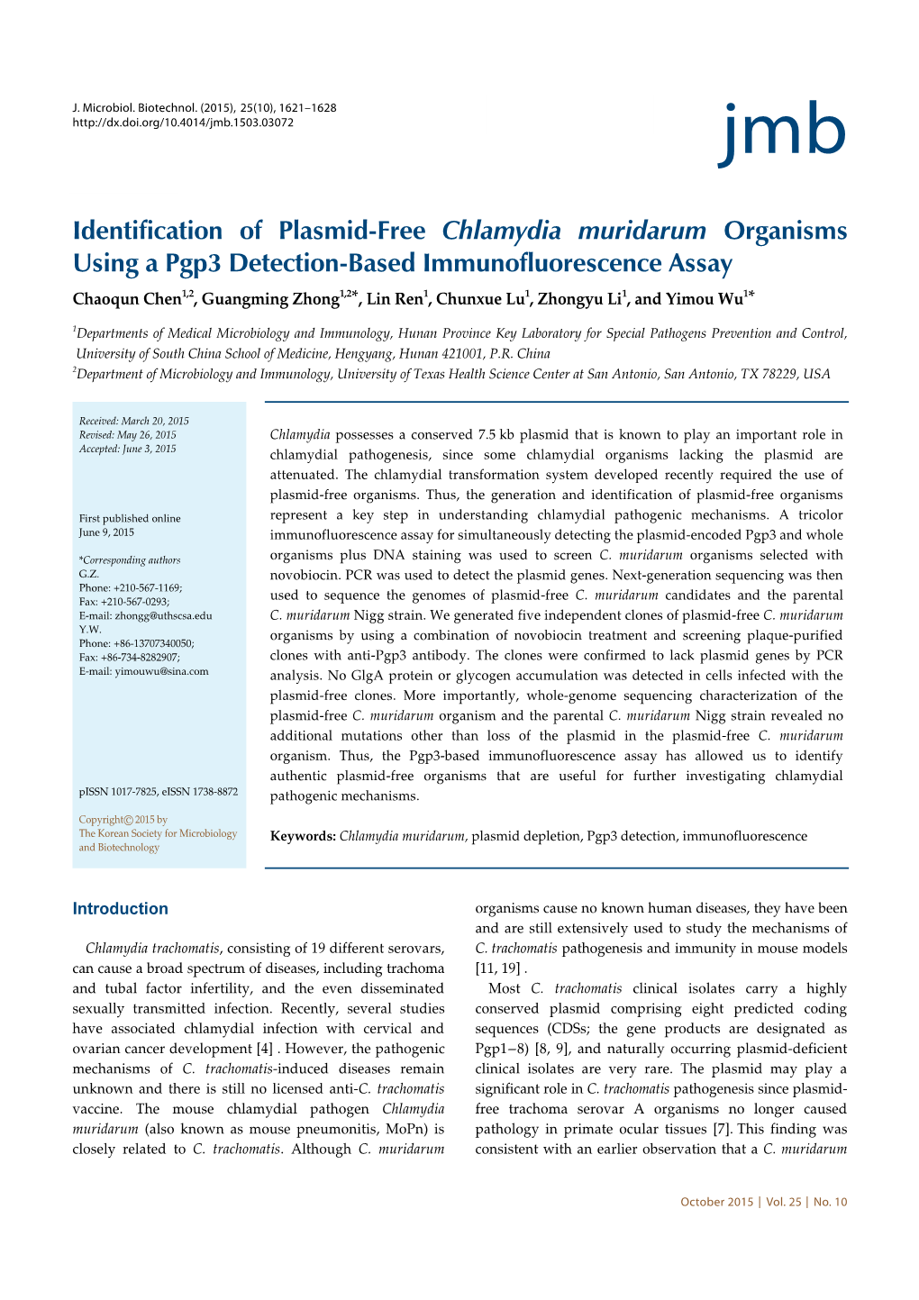 Identification of Plasmid-Free Chlamydia Muridarum Organisms