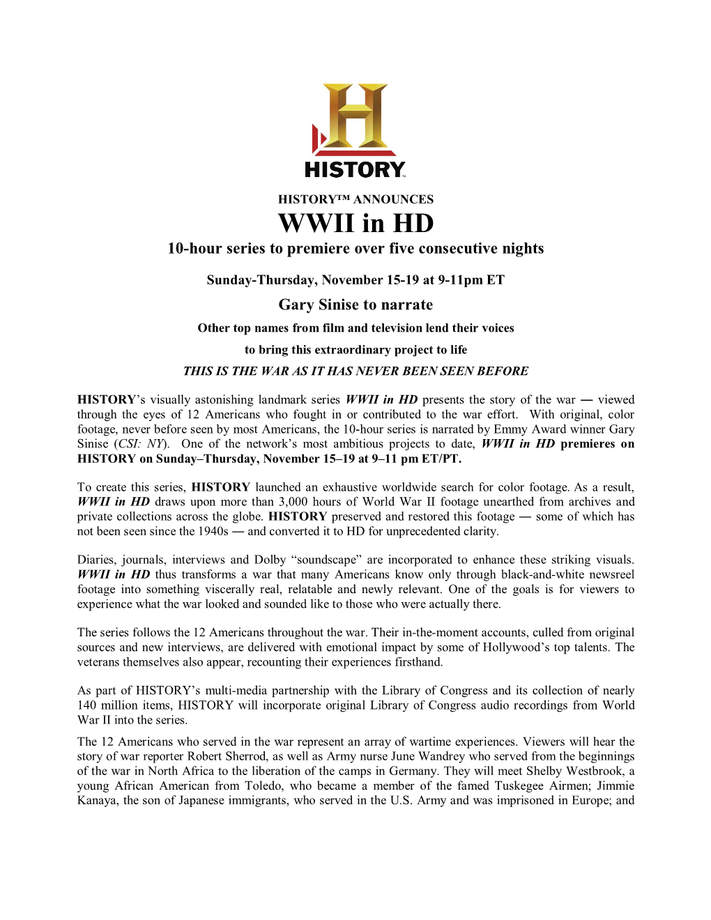 WWII in HD 10-Hour Series to Premiere Over Five Consecutive Nights