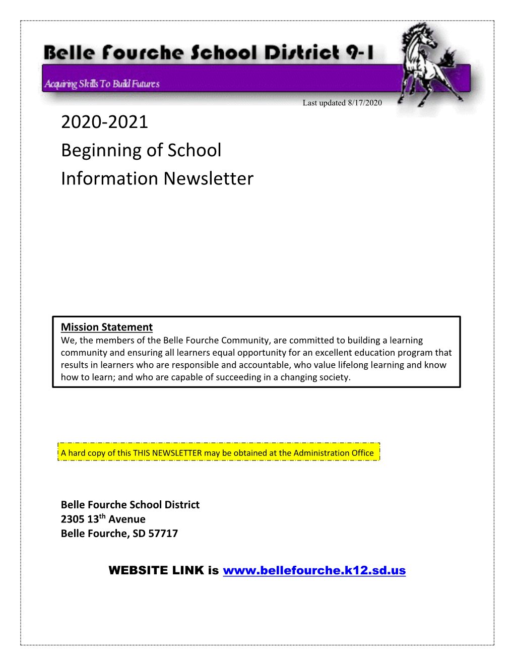 2020-2021 Beginning of School Information Newsletter