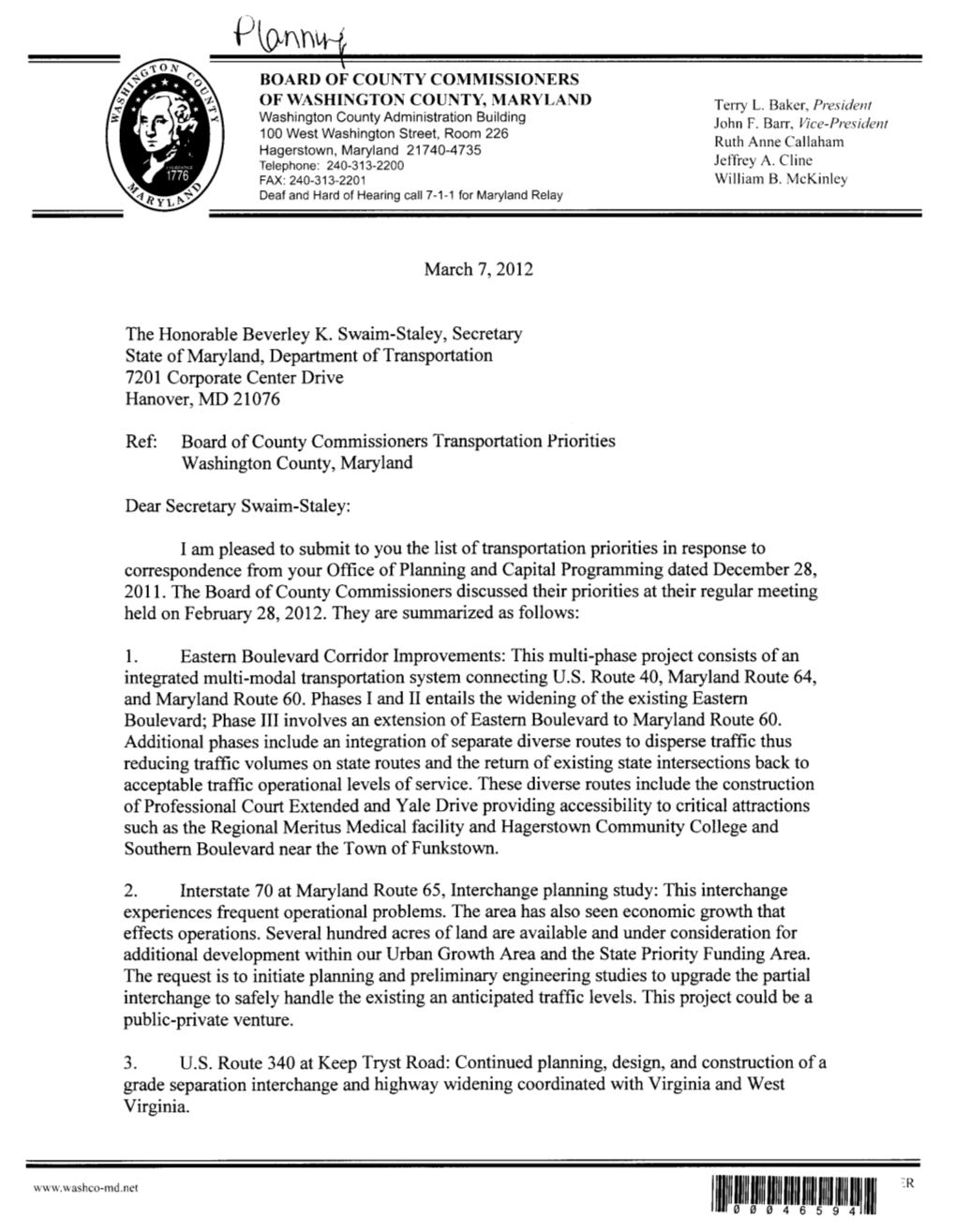March 7,20 12 the Honorable Beverley K. Swaim-Staley, Secretary State of Maryland, Department of Transportation 7201 Corporate C