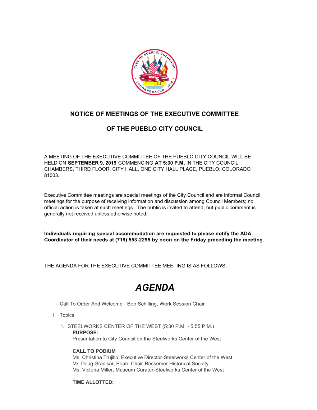 Agenda for the Executive Committee Meeting Is As Follows