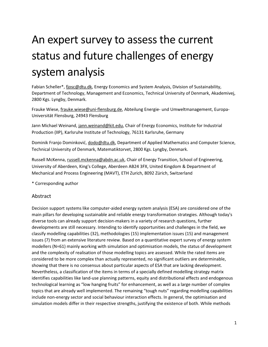 An Expert Survey to Assess the Current Status and Future Challenges of Energy System Analysis