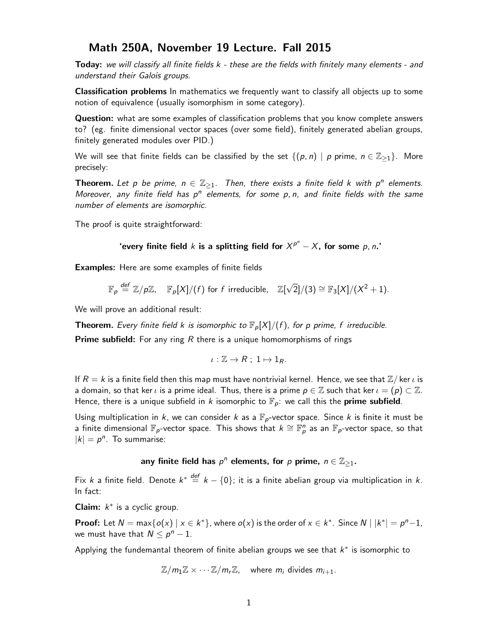 Math 250A, November 19 Lecture. Fall 2015