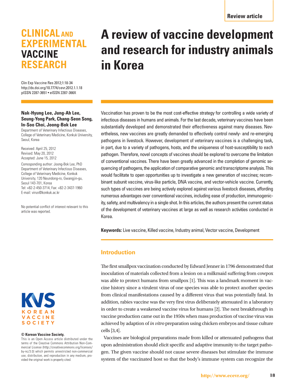 A Review of Vaccine Development and Research for Industry Animals in Korea