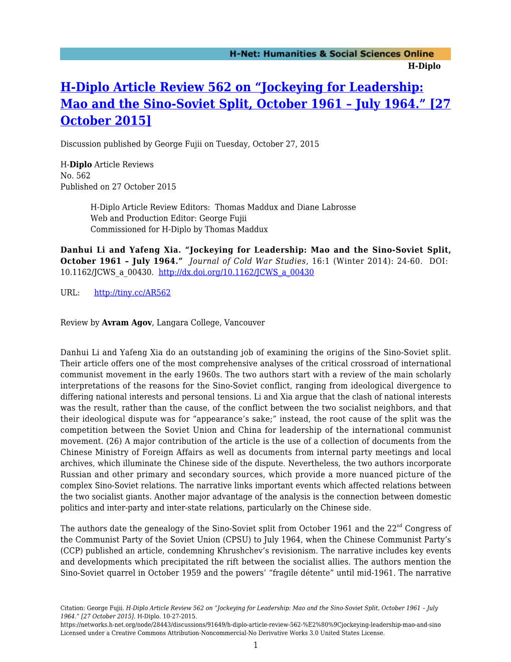 Jockeying for Leadership: Mao and the Sino-Soviet Split, October 1961 – July 1964.” [27 October 2015]