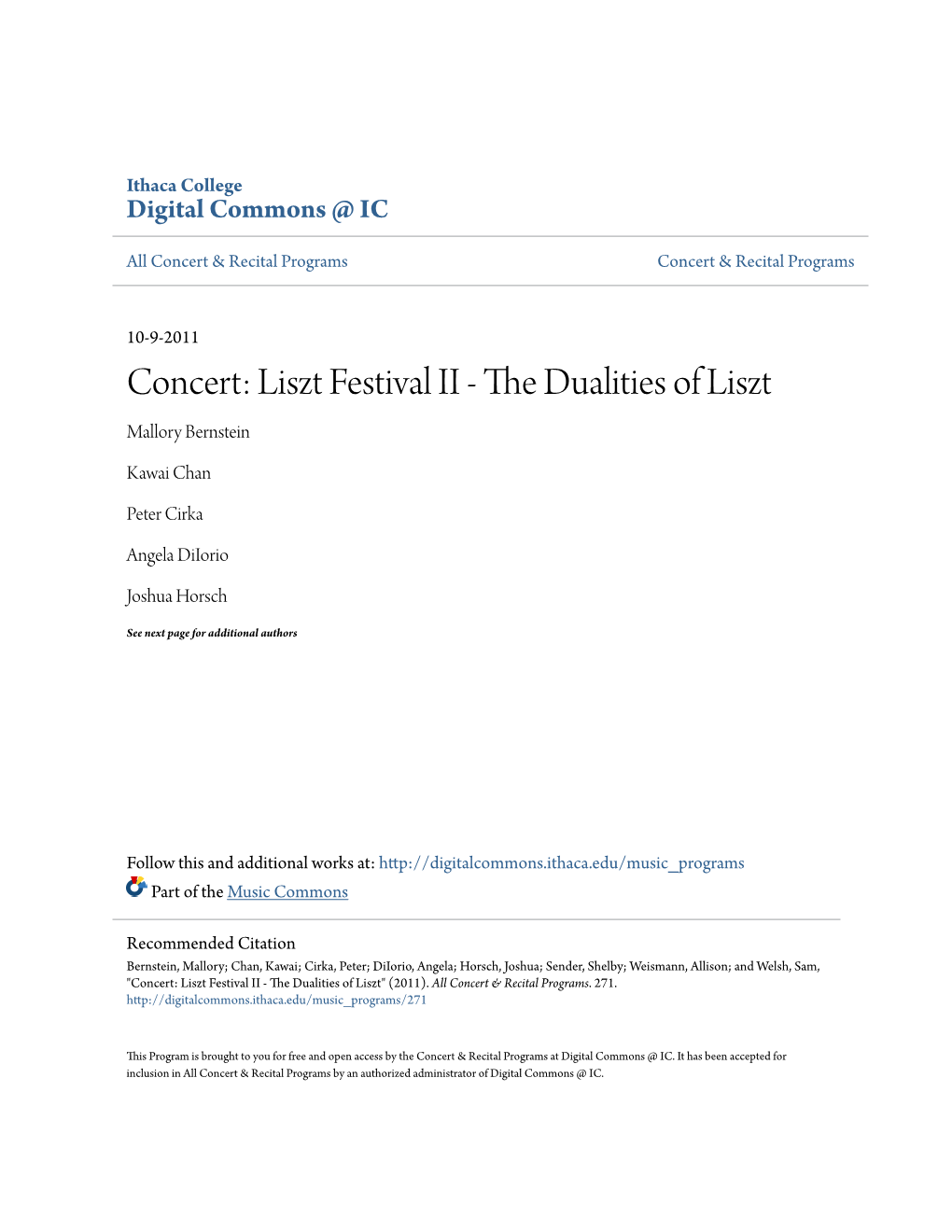 Concert: Liszt Festival II - the Dualities of Liszt Mallory Bernstein