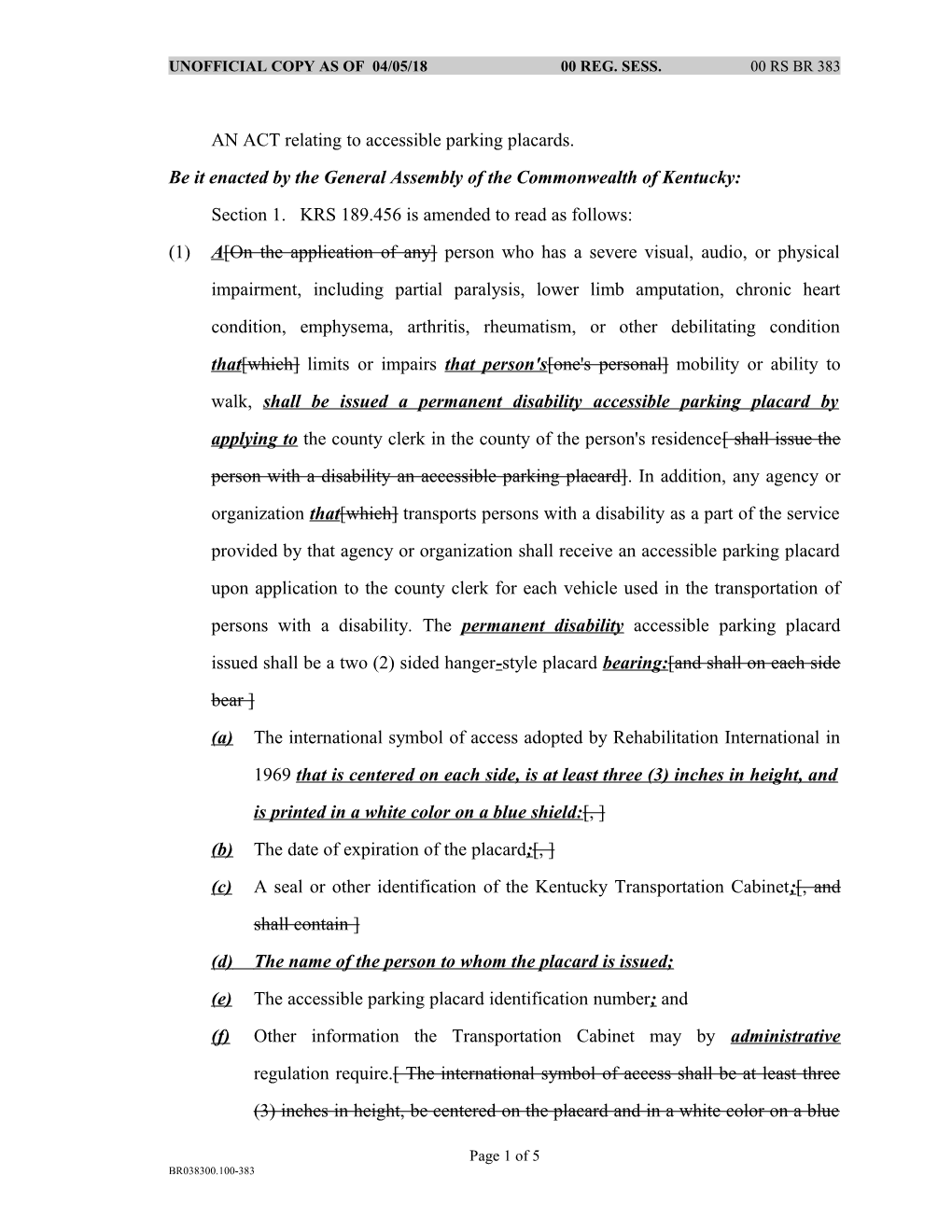 AN ACT Relating to Accessible Parking Placards