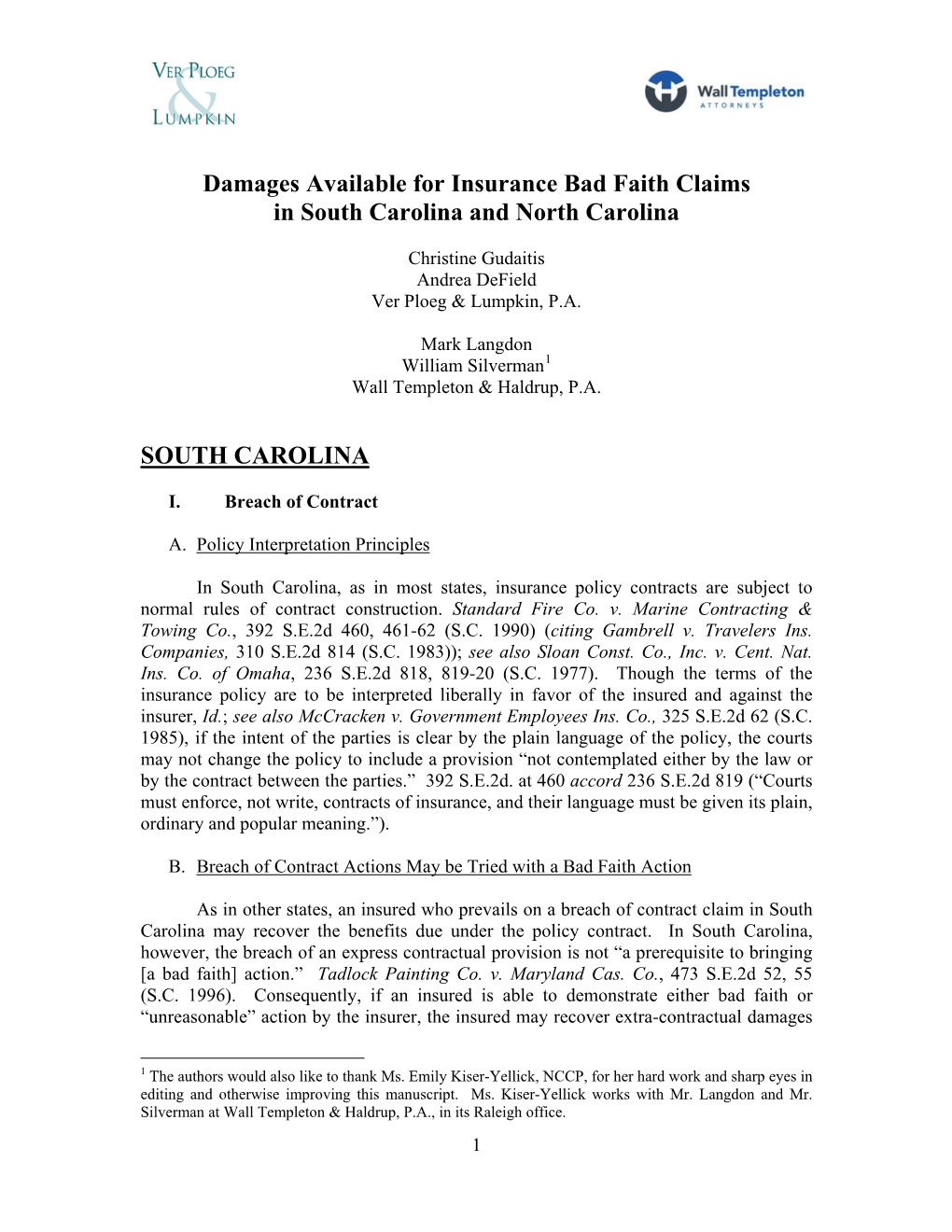 Damages Available for Insurance Bad Faith Claims in South Carolina and North Carolina