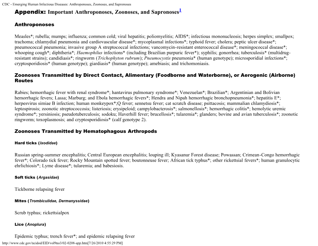 Appendix: Important Anthroponoses, Zoonoses, and Sapronoses1