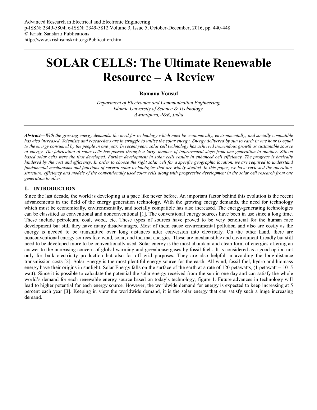 SOLAR CELLS: the Ultimate Renewable Resource – a Review