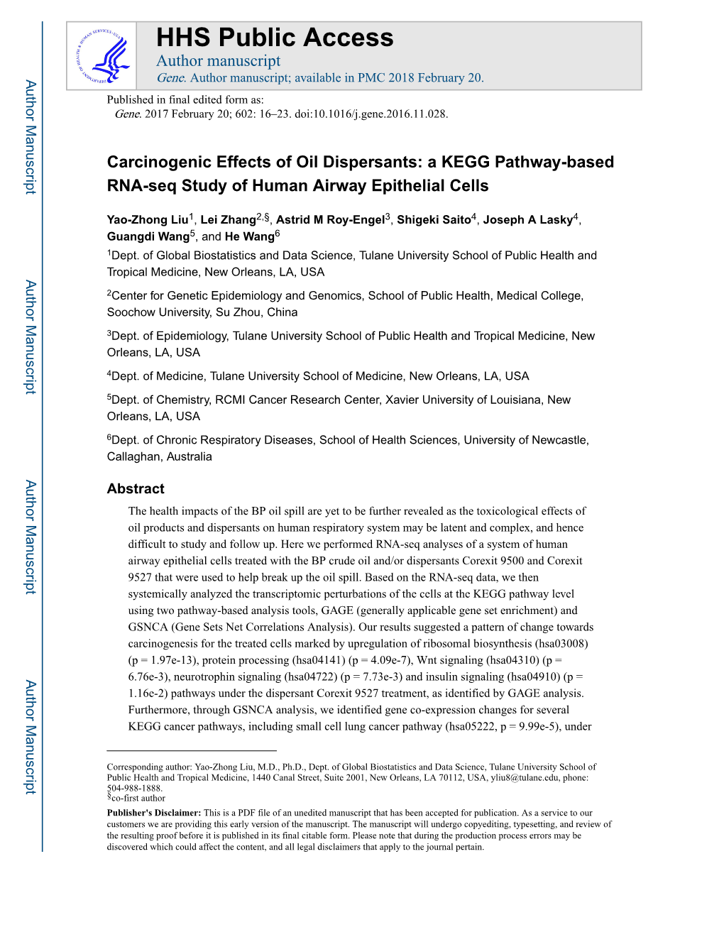 Carcinogenic Effects of Oil Dispersants: a KEGG Pathway-Based RNA-Seq Study of Human Airway Epithelial Cells