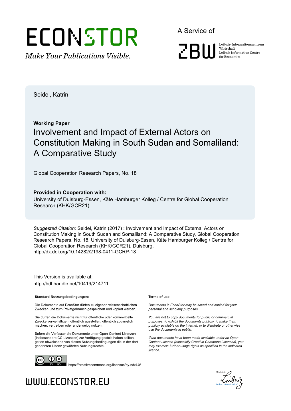 Involvement and Impact of External Actors on Constitution Making in South Sudan and Somaliland: a Comparative Study