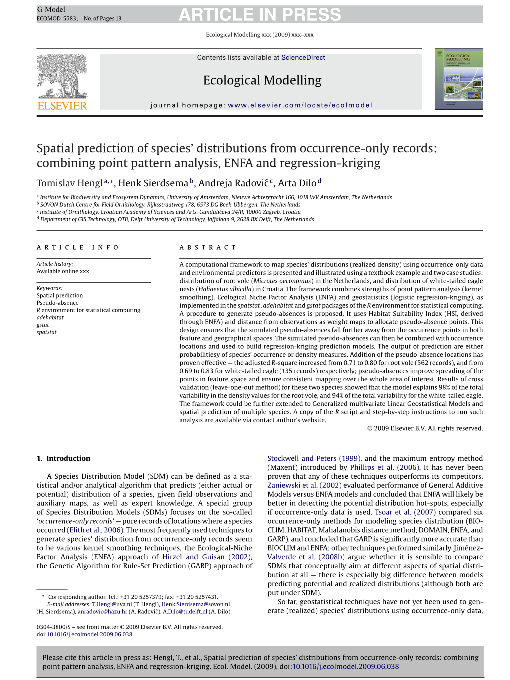 Spatial Prediction of Speciesâ€™ Distributions from Occurrence-Only Records: Combining Point Pattern Analysis, ENFA And