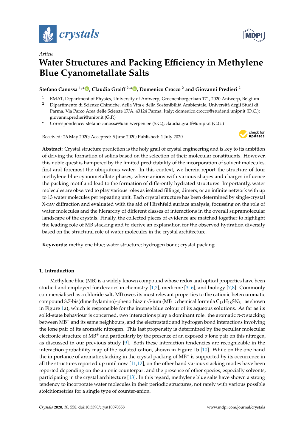 Water Structures and Packing Efficiency in Methylene Blue