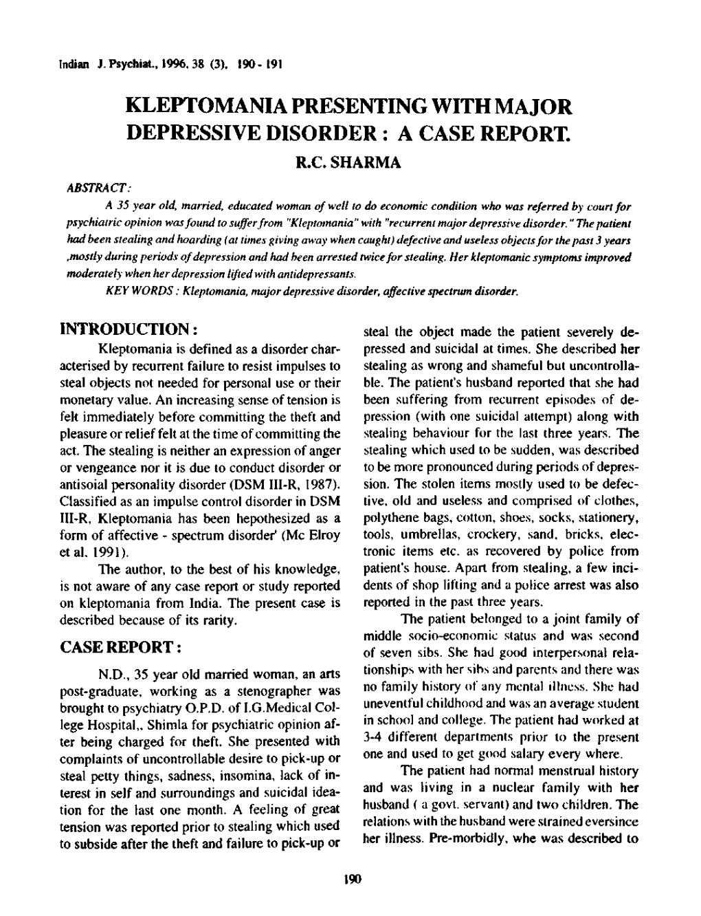 Kleptomania Presenting with Major Depressive Disorder : a Case Report
