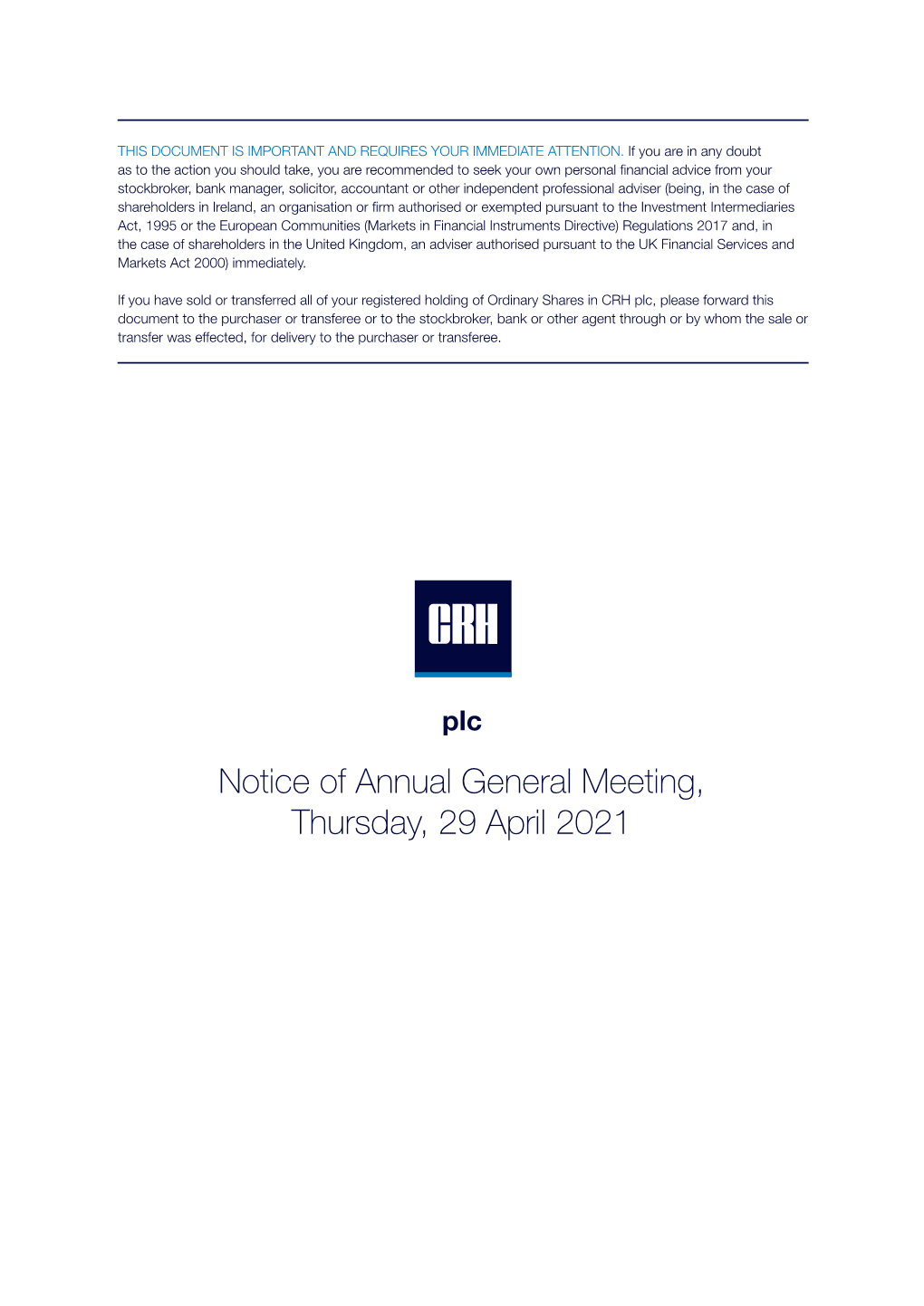 Notice of Annual General Meeting, Thursday, 29 April 2021 24 March 2021