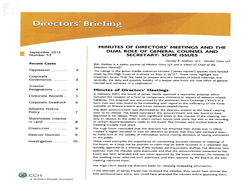 Minutes of Directors' Meetings and the Dual Role of General Counsel And