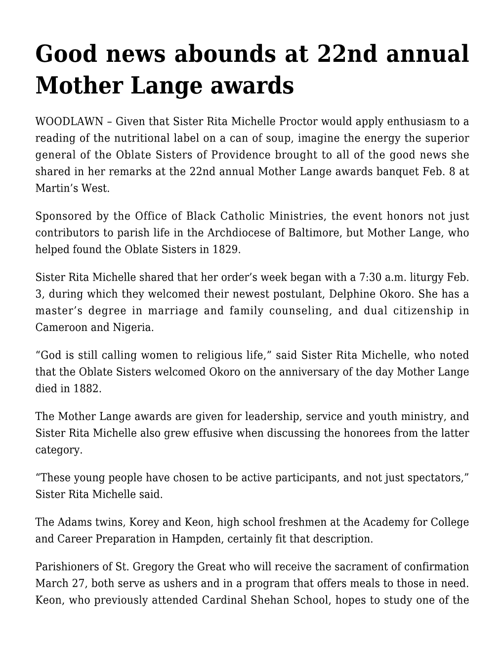 Good News Abounds at 22Nd Annual Mother Lange Awards,Sister