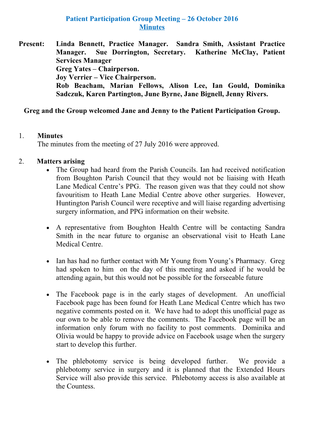 Patient Participation Group Meeting 26 October 2016