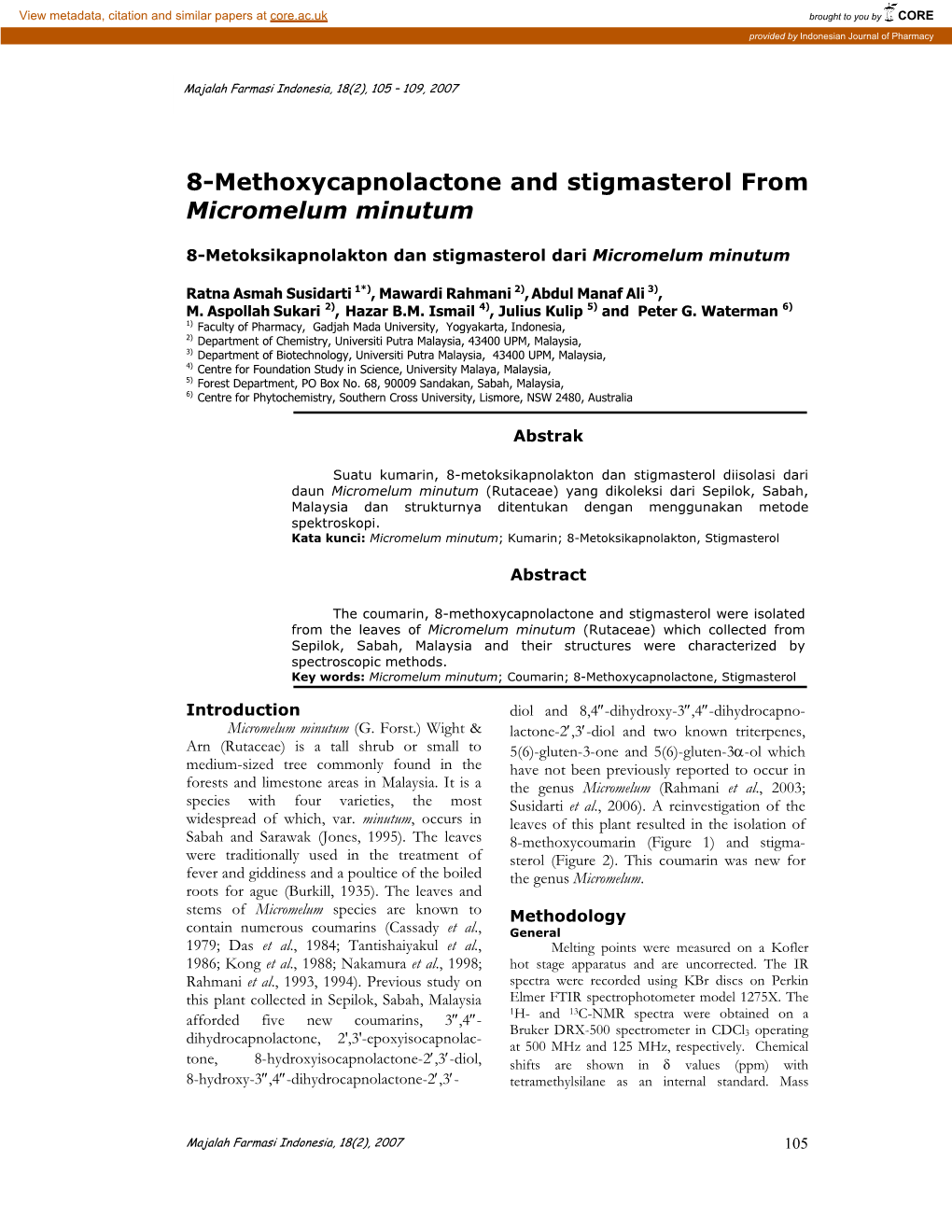 8-Methoxycapnolactone and Stigmasterol from Micromelum Minutum