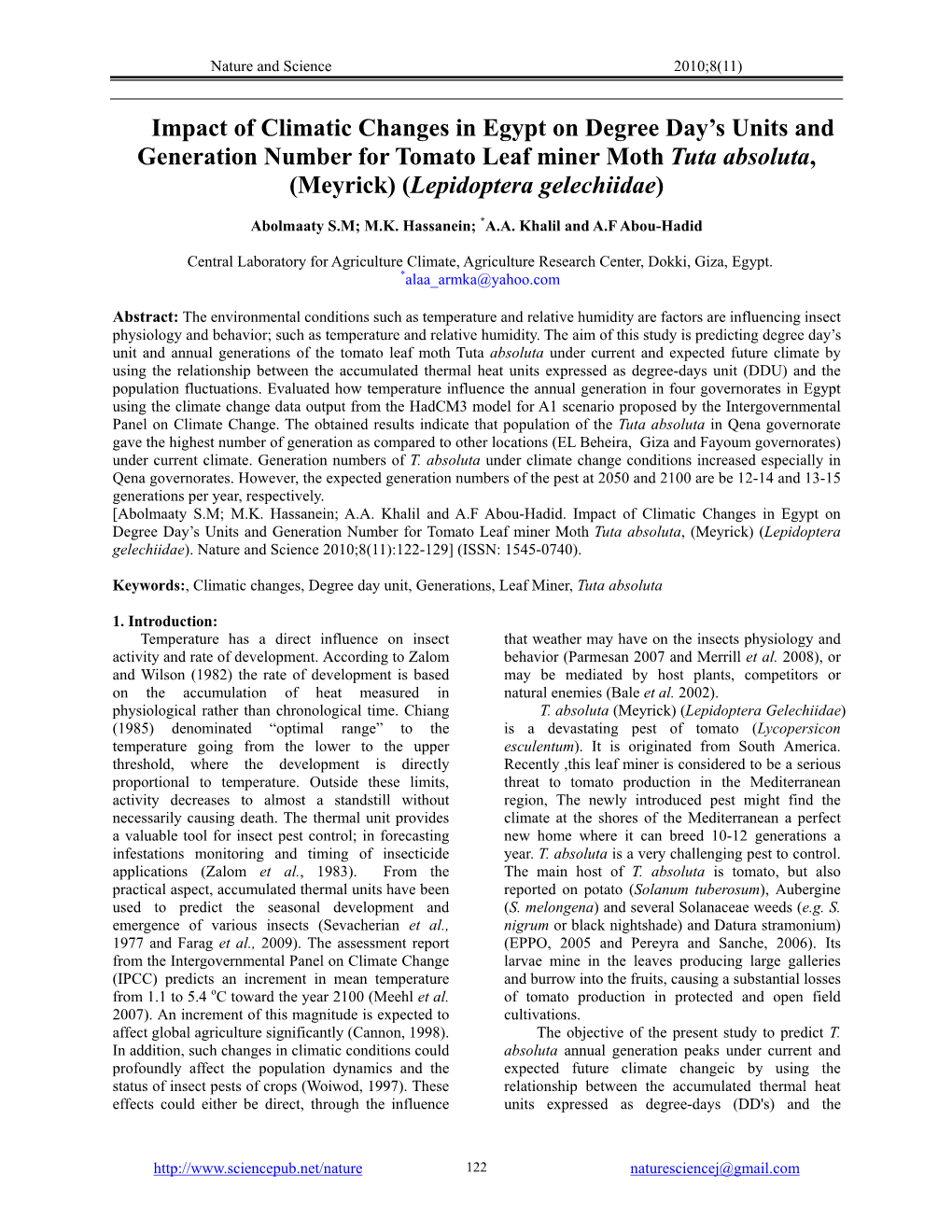 Impact of Climatic Changes in Egypt on Degree Day's Units and Generation Number for Tomato Leaf Miner Moth Tuta Absoluta