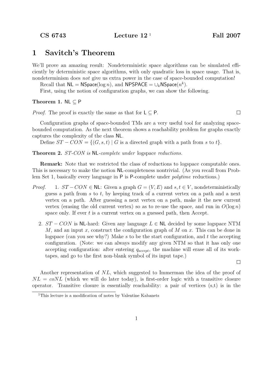 1 Savitch's Theorem